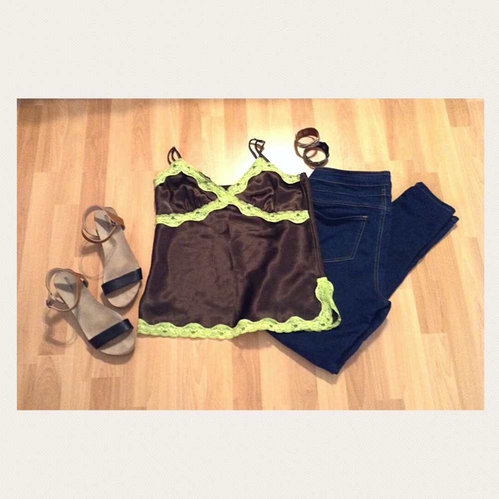 Brown and Neon Green Satin Camisole Size M